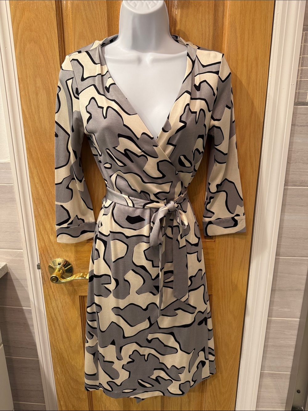 Diane Von Furstenberg Beige and Gray Abstract Wrap Dress